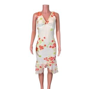 Vtg My Michele Y2k Midi Dress Sz 5/6 White Floral Crinkle Chiffon Overlay Fairy￼